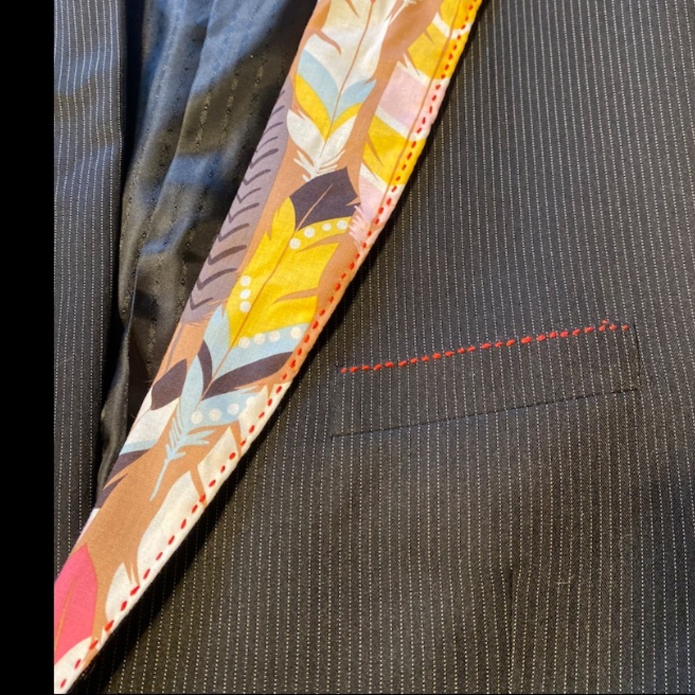 Men's Black Pinstripe Sport Blazer with Colorful Feather-Pattern Trim